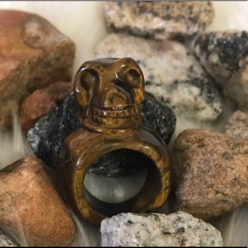 Tigereye Carved Skull Comfort Ring